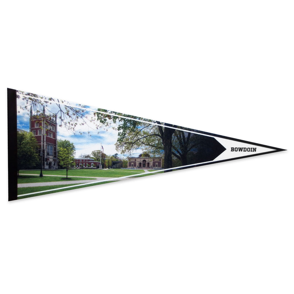 Large felt pennant with full-color sublimated print of the Bowdoin College Main Quad, featuring Hubbard Hall and the Bowdoin College Museum of Art