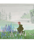 Miss Rumphius card showing Miss Rumphius kneeling by some lupines beside the shore.