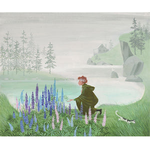 Miss Rumphius card showing Miss Rumphius kneeling by some lupines beside the shore.