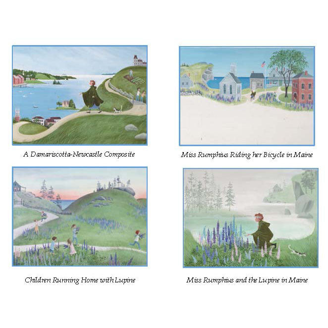 Montage of 4 Miss Rumphius cards: A Damariscotta-Newcastle composite; Miss Rumphius on her bicycle; children running home with lupines; and Miss Rumphius kneeling beside lupines.