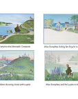 Montage of 4 Miss Rumphius cards: A Damariscotta-Newcastle composite; Miss Rumphius on her bicycle; children running home with lupines; and Miss Rumphius kneeling beside lupines.