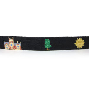 Detail showing Hubbard Hall, pine tree, and yellow sunneedlepointing on black belt.