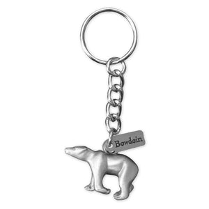 Key chain with molded pewter polar bear and separate tag with Bowdoin wordmark.