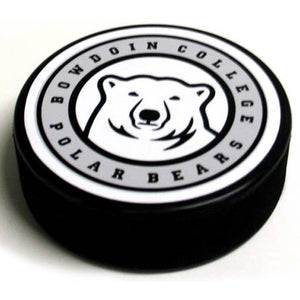 Hockey puck with polar bear medallion surrounded by BOWDOIN COLLEGE POLAR BEARS.