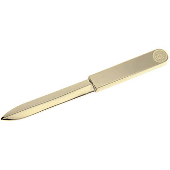 Simple gold letter opener with small Bowdoin seal engraved at end of handle.