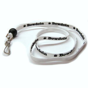 White shoelace style lanyard with silver J-hook and black cinch bead.