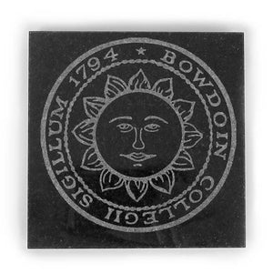 Square black granite coaster with etched Bowdoin College seal.