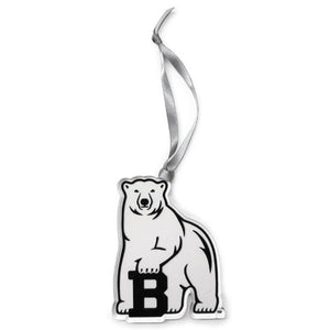 Clear plastic polar bear mascot ornament with silver ribbon hanger.