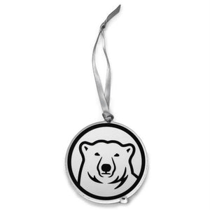 Clear plastic mascot medallion ornament with silver ribbon hanger.