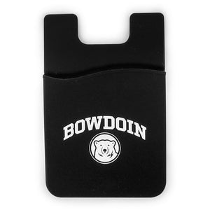Black rubberized stick-on card holder for the back of a smartphone. Imprinted with the word BOWDOIN arched over a polar bear medallion.