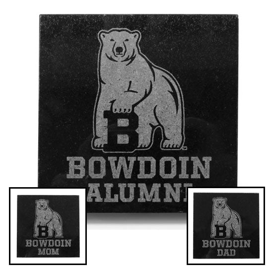 Montage of 3 Bowdoin familiy granite coasters.