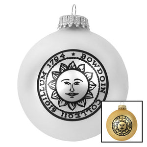 Montage of two Bowdoin seal glass ball ornaments.