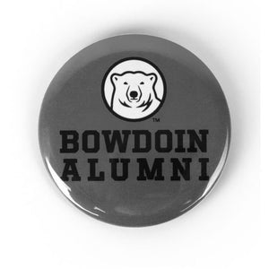 Grey button with mascot medallion over BOWDOIN ALUMNI imprint.