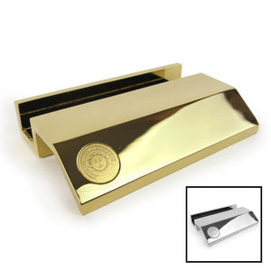 Two colors of metal business card holders.