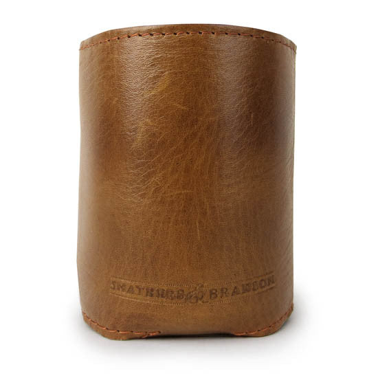Back of leather can cooler showing embossed Smathers & Branson logo.