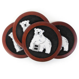4 needlepoint coasters with Bowdoin polar bear mascot.
