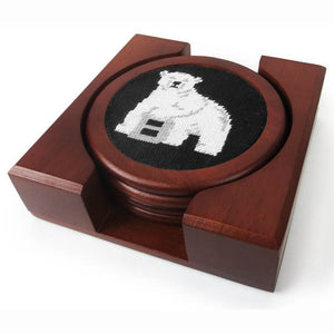 Four wooden coasters with polar bear mascot needlepoint in wooden polished holder 