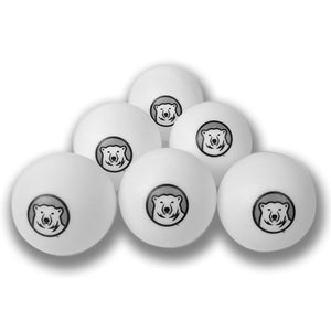 Six white ping pong balls with mascot medallion imprints.