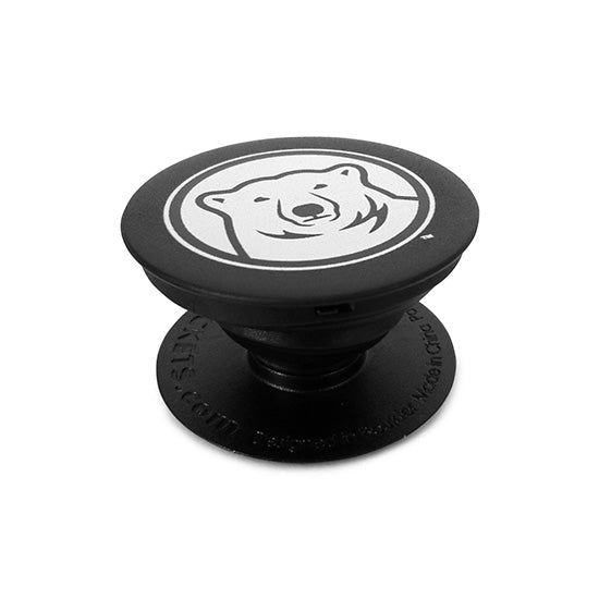 Black PopSocket with white imprint of Bowdoin polar bear mascot medallion.