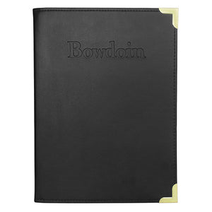 Black portfolio with embossed BOWDOIN on front cover and brass corners.