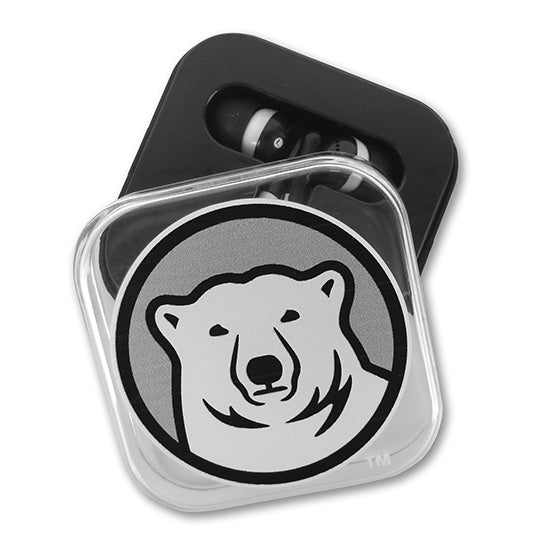 Earbuds in Bowdoin Polar Bear Case