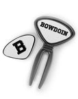 Metal divot tool with two white enamel markers. One has a B in black, and the other has BOWDOIN in black.
