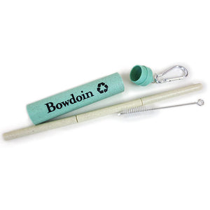 Light green colored straw case with black Bowdoin imprint and silver carabiner, 3-section natural colored straw, and small cleaning brush tool.