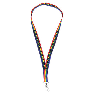 A rainbow Pride lanyard with woven-in BOWDOIN COLLEGE imprint repeated 3 times and metal J-hook.