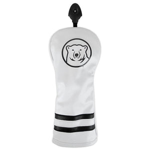 White golf club cover with black imprint of mascot medallion, and two contrast black stripes. Black plastic number dial sewn to top.