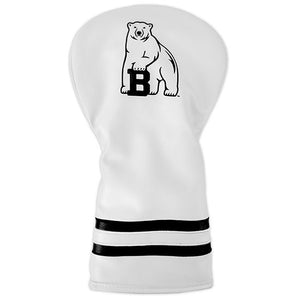White golf club cover with imprint of polar bear mascot on head, and contrasting black stripes on cuff.