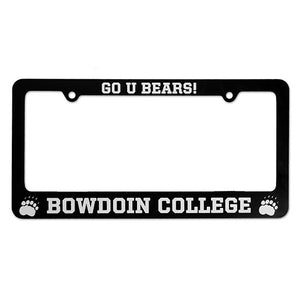 Black plastic license plate frame with GO U BEARS! printed in white on the top, and BOWDOIN COLLEGE flanked by paw prints on the bottom.