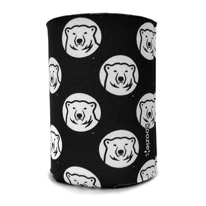 Black can Koozie in black with all-over print white mascot medallion print.