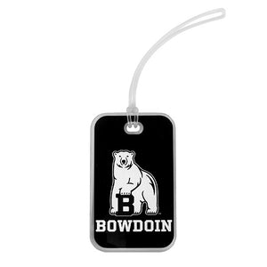 Black rectangular tag with white imprint of polar bear over the word BOWDOIN. Clear loop hanger.