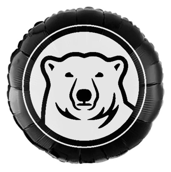 Round black foil balloon with large imprint of Bowdoin polar bear medallion.