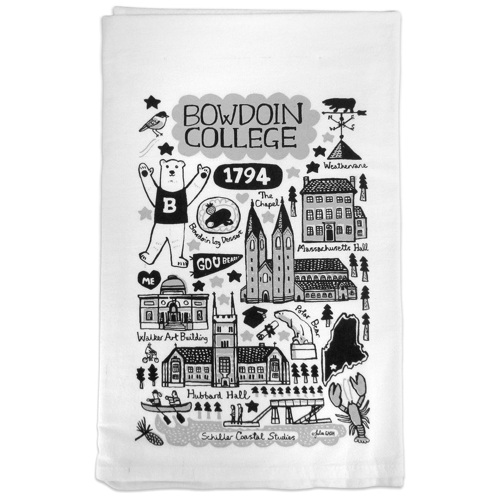 White kitchen towel with greyscale illustrations of chickadee, polar bear mascot, Memorial Hall weathervane, Mass Hall, the Chapel, the Bowdoin log dessert, GO U Bears, Walker Art, Hubbard Hall, the Hyde Plaza bear statue, and Schiller Coastal Studies.