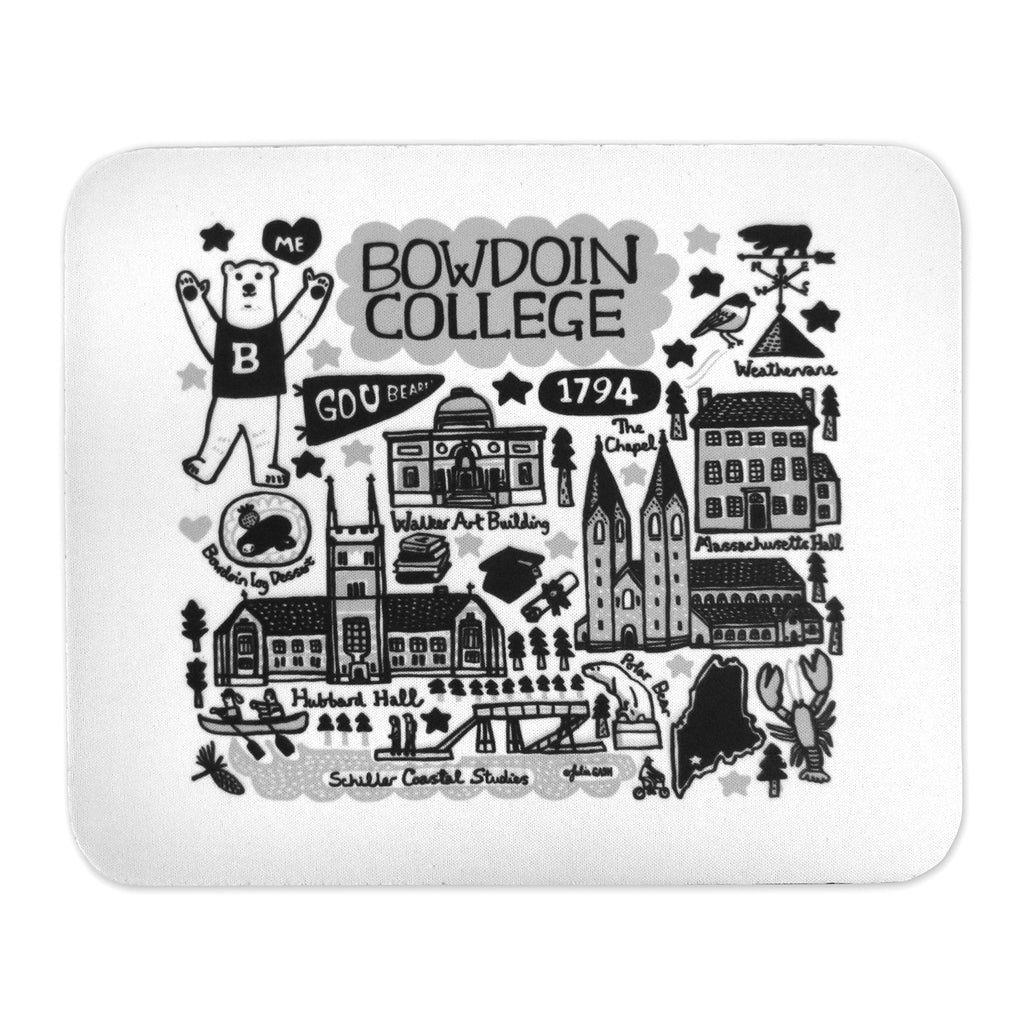 White mouse pad with black, white and grey cartoon illustrations of Bowdoin mascot, GO U BEARS pennant, Walker Art Building, Bowdoin log dessert, Mass Hall, Hubbard Hall, the Chapel, and Schiller Coastal Studies center.