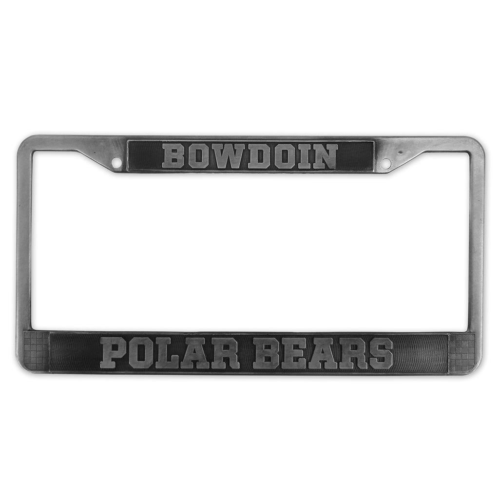 Pewter license plate frame with BOWDOIN embossed on top and POLAR BEARS embossed on the bottom.