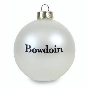 Reverse side of pearl white ornament showing black BOWDOIN wordmark