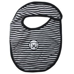 Bib with narrow black and white horizontal stripes and black trim. Embroidered mascot medallion patch in center of front.