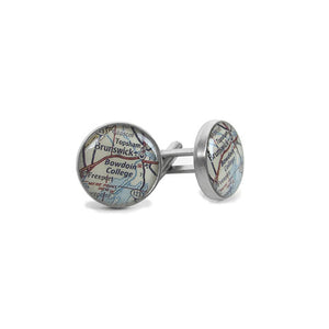 Metal cufflinks with round cabochon insets of a map of the Maine coast showing Bowdoin College, Brunswick, Topsham, and other landmark features.