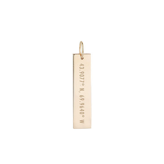 Gold rectangular pendant with coordinates 43.9077 N, 69.9640 W