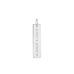 Silver rectangular pendant with coordinates 43.9077 N, 69.9640 W