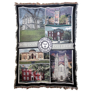 Woven blanket with full color montage of Bowdoin buildings. BOWDOIN COLLEGE woven across the middle horizontally, interrupted by the sun seal.