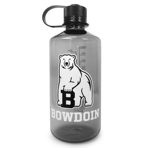 Narrow mouth smoke Nalgene bottle with polar bear mascot imprint over BOWDOIN in white.