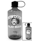 Montage showing front and back of a narrow mouth smoke Nalgene bottle. The front is imprinted with a white BOWDOIN over mascot medallion over POLAR BEARS. The back is imprinted with a large white paw print.