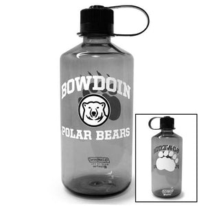 Montage showing front and back of a narrow mouth smoke Nalgene bottle. The front is imprinted with a white BOWDOIN over mascot medallion over POLAR BEARS. The back is imprinted with a large white paw print.