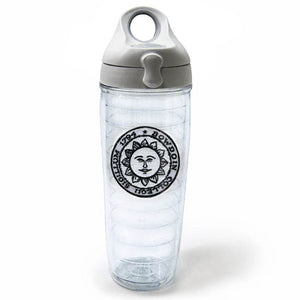 Clear double-wall tumbler with grey screw-on snap-lock lid and embroidered Bowdoin sun seal patch.