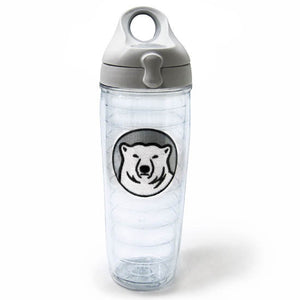Clear double-wall tumbler with grey screw-on snap-lock lid and embroidered mascot medallion patch.