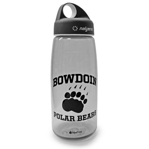 Smoke grey loop top Nalgene water bottle with black imprint of BOWDOIN arched over paw print over POLAR BEARS.