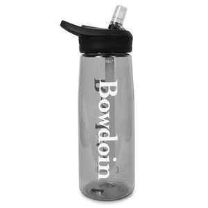 Charcoal gray Camelbak Eddy water bottle with black lid and clear bite valve. The BOWDOIN wordmark is imprinted in white down both sides.